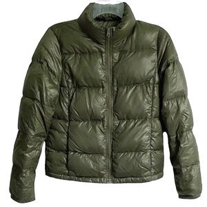 J Crew - Army/Olive Green Down Puffer Jacket - Hidden Hood - Size Small